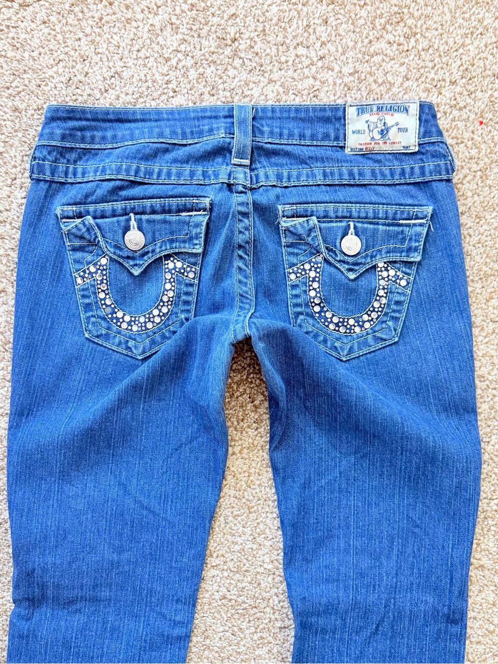 True Religion Women's Blue Denim Boot Cut Jeans with Studded Horseshoe Pockets